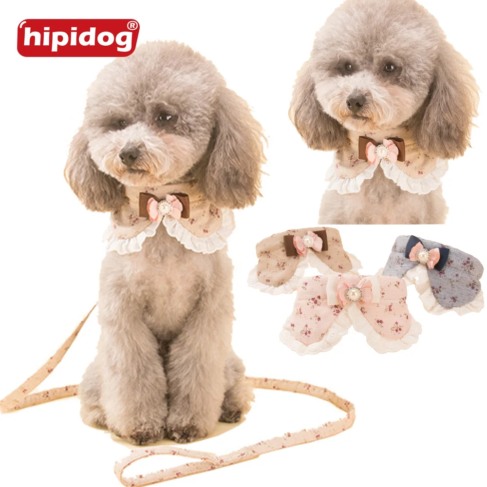 

Hipidog Small Pet Dog Cat Adjustable Bowknot PU Collar Leash Set Rhinestone Collar Lead Rope Set for Pets Walking Jogging