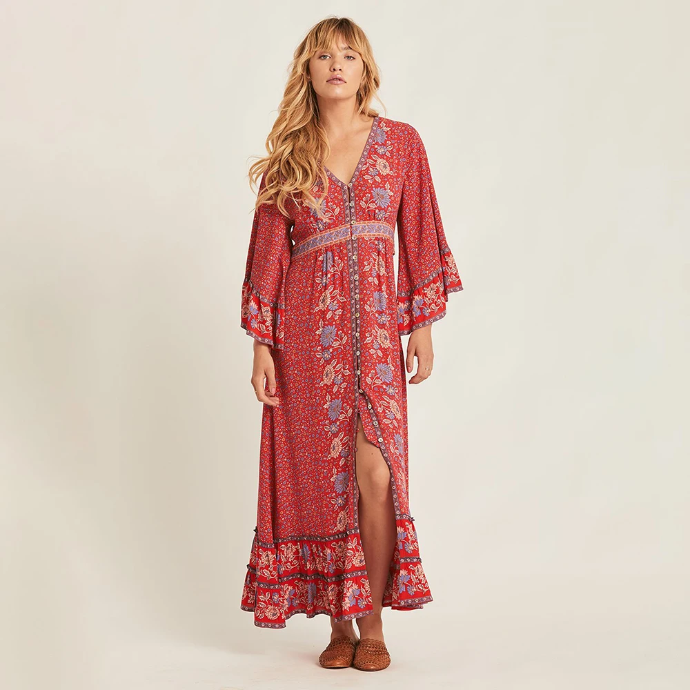 Женское свободное платье Макси Boho красное винтажное с рукавом 3/4 и v образным