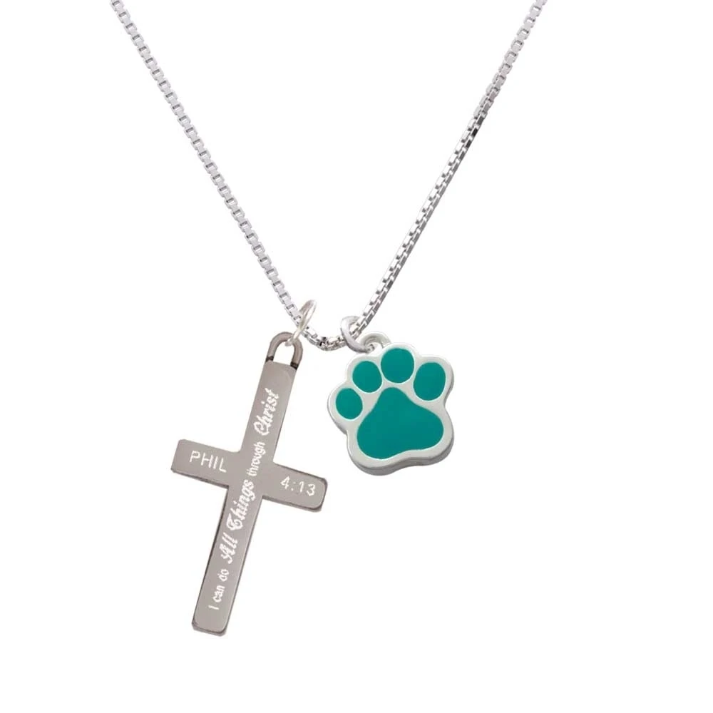 Large Teal Paw - I Can Do All Things - Cross Necklace