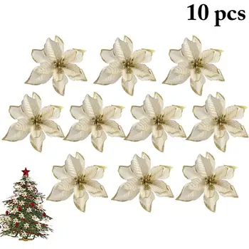 

10PCS Christmas Flowers Xmas Christmas Tree Decorations Glitter Wedding Party New Year Artificial Flowers Decor Drop Shipping