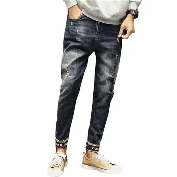 

2018 Spring New Fashion Patch Hole Distressed Jeans Mens Slim Straight Jeans Designer High Quality Washed Full Lenght Hot Sale