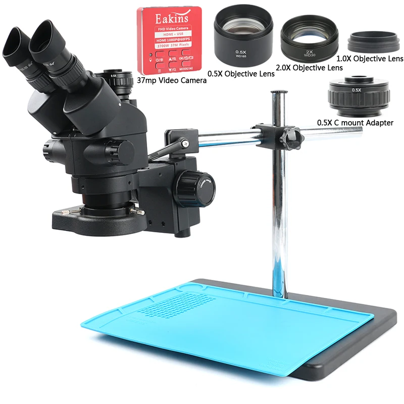 Stereo Microscope Video-Camera Trinocular Simul-Focal Soldering-Repair HDMI 37MP 1080P