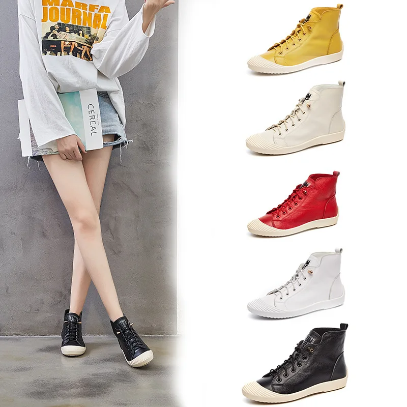 

High-top leather booties female 2018 spring and autumn new with letters flat bottom shell shoes fashion casual shoes tide.