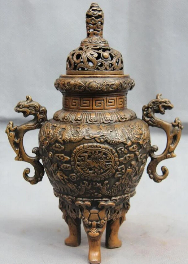

Elegant old S1034 11 Chinese Buddhis Copper Bronze Phoenix Dragon Play Bead incense burner Censer (A0321)