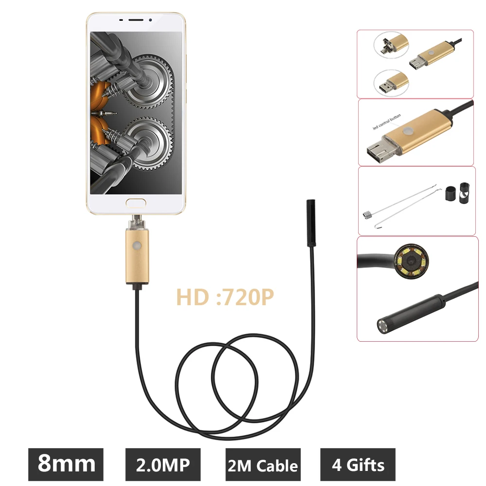

USB 2 Мп Android Мобильный эндоскоп, объектив 8 мм, 2 м, камера со змеиным узором, водонепроницаемый инспекционный бороскоп для ноутбука с OTG/UVC