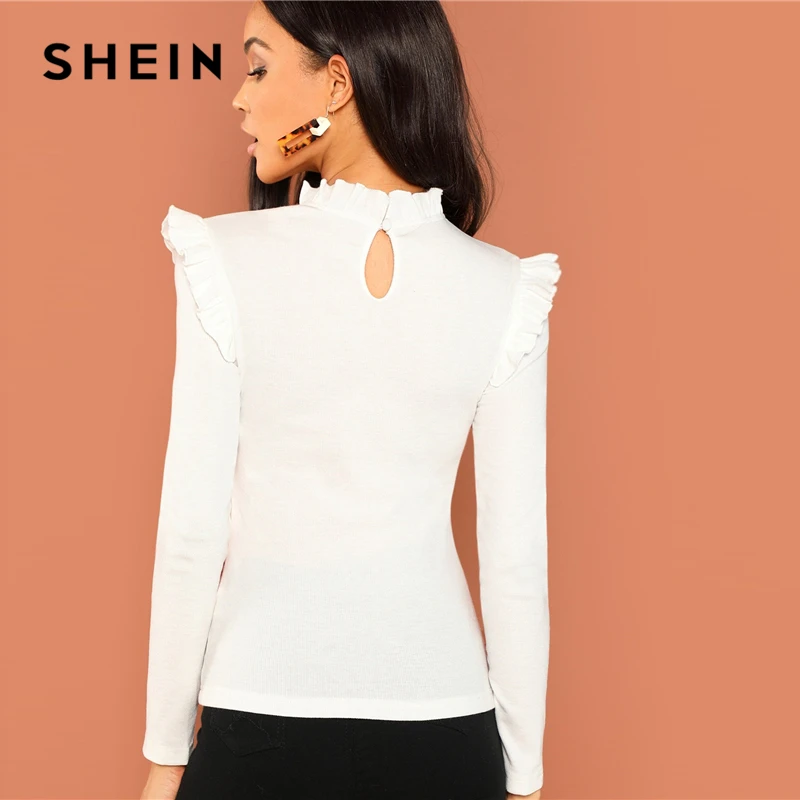Goede SHEIN Moderne Dame Wit Slim Fit Franje Trim Solid Stand Kraag Lange Mouwen Truien Tee 2018 Herfst Campus Vrouwen Tshirt top