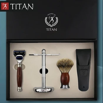 

Titan men shaving baber 5 blade razor set in wood handle gift package razor