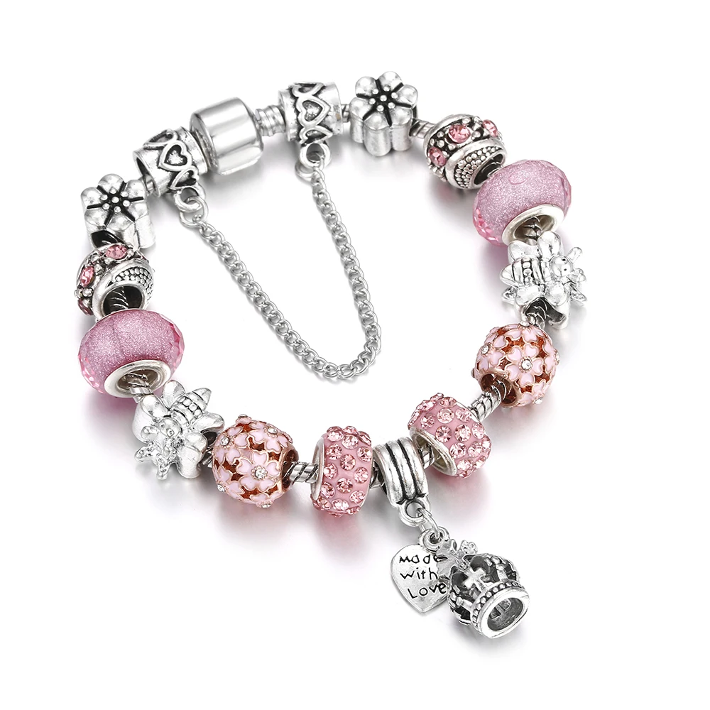 

Designer DIY Women Bracelet Pink Crystal Flower Bead Crown Pendant Snake Chain Bracelets Bangles Jewelry Girl Gift pulsera mujer