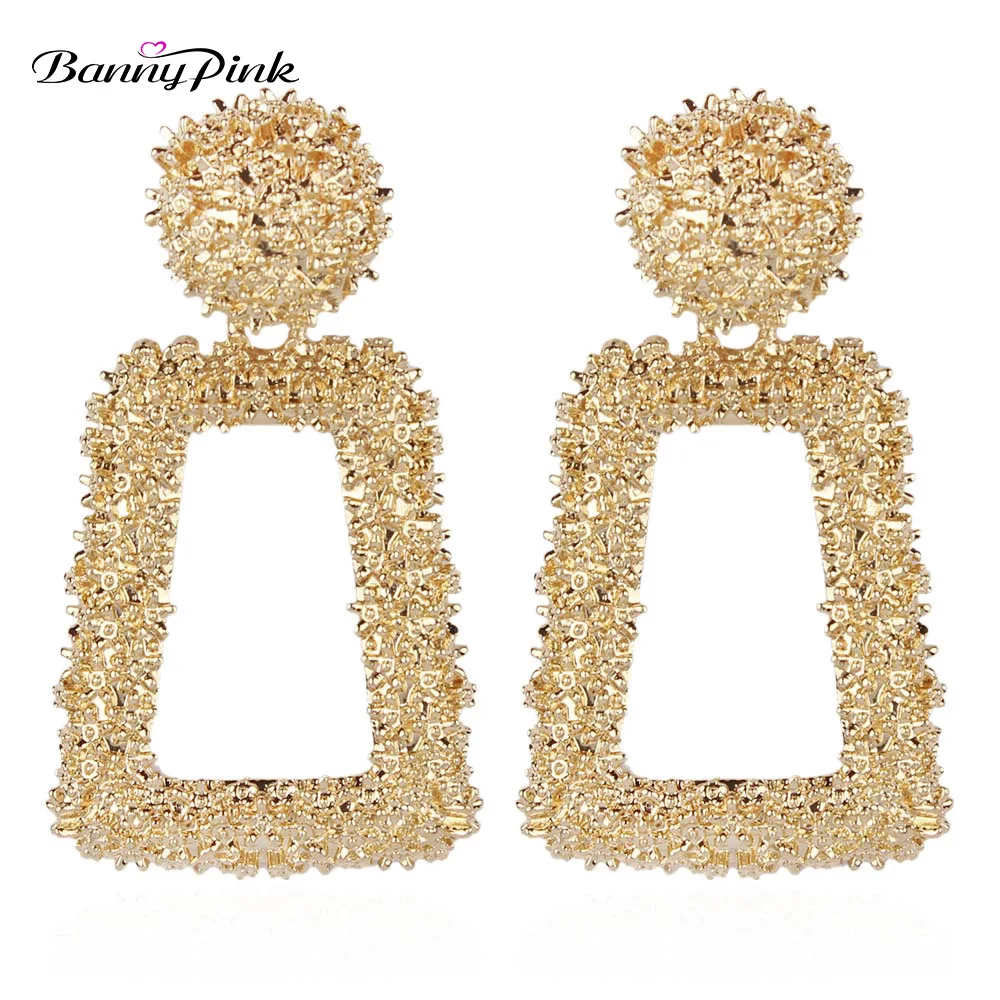 

Banny Pink Chunky Metal Geometric Stud Earrings For Women Large Round Hollow Rectangle Statement Post Earring Fashion ZA Jewelry