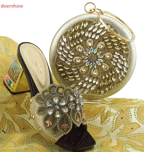 

doershow African gold PU Shoes And Bag Matching Set With Stones Shoes Women Italian Shoes And Bag Set For Party Wedding PFG1-40