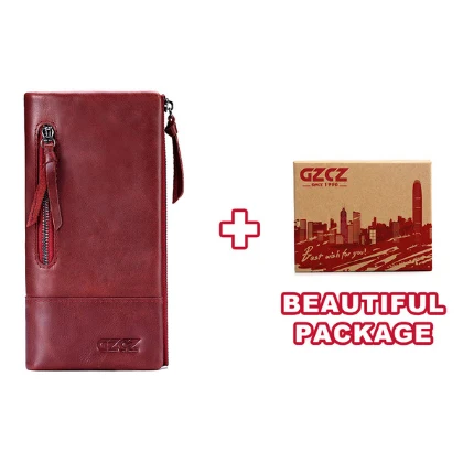 GZCZ Genuine Leather Wallet Female Coin Purse Women Wallets Double Zipper Clamp For Money Clutch Long Walet Woman Portomonee - Цвет: Red-Box