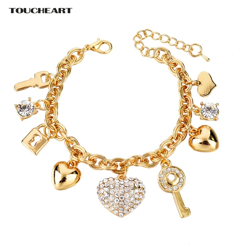 

TOUCHEART Luxury Famous Brand Gold Chain Bracelets Crystal Heart Keys Bracelets For Women Christmas Jewelry Bracelet Sbr140221