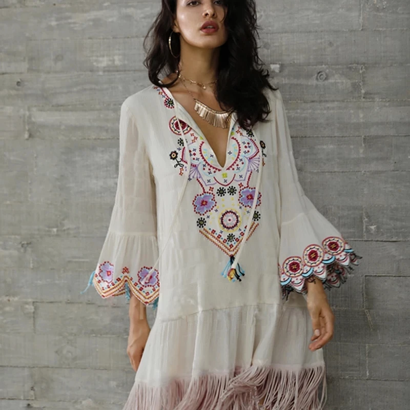 

Black Embroidery Tassel Boho Beach Dress Loose Flare Sleeve V Neck Short Dresses Summer White Cotton Casual Dresses for Women