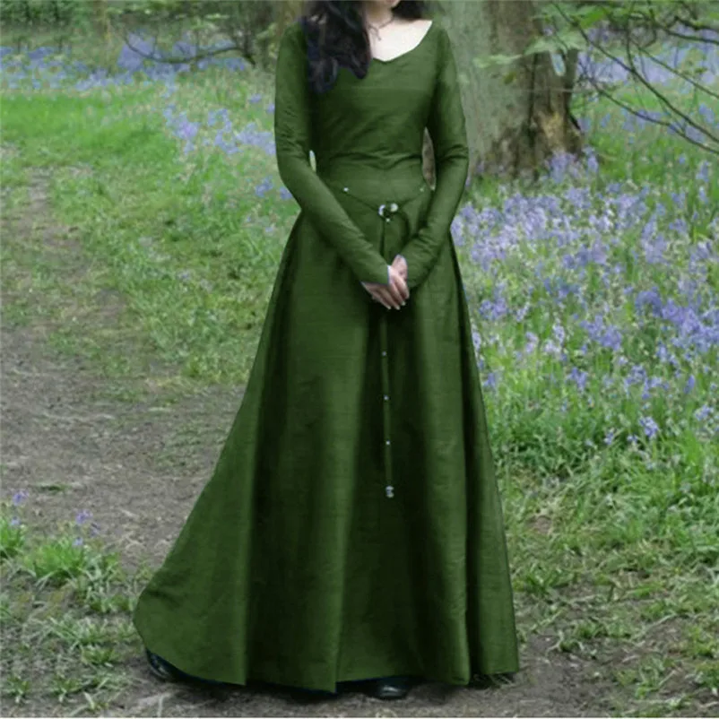 Women dress clothes Plus Size Solid Vintage Renaissance Long Sleeve Bandage Long Party Dress elegant dress robe femme O26#N (20)