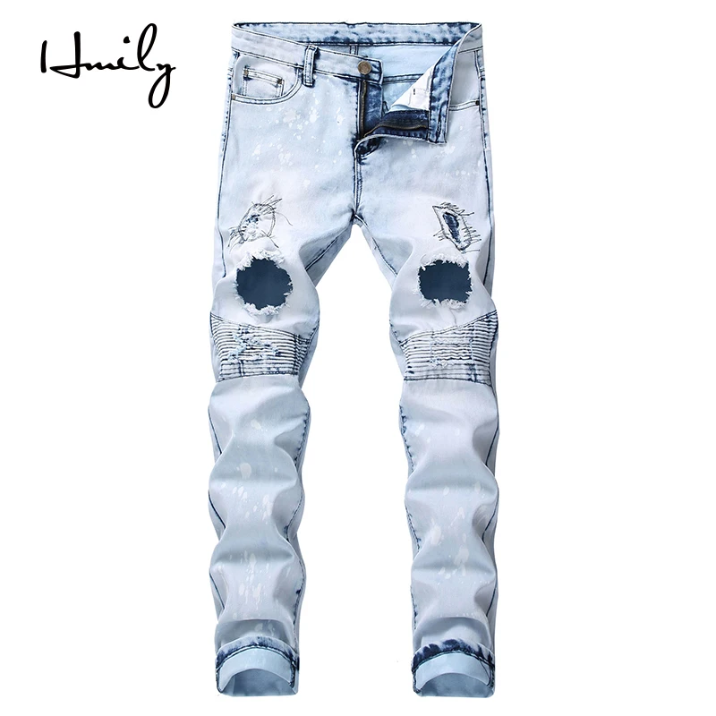 HMILY Fashion Men Holes Jeans European High Street Motorcycle Biker Hip Hop Ripped Slim Pants Male Dropshipping | Мужская одежда