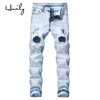

HMILY Fashion Men Holes Jeans European High Street Motorcycle Biker Jeans Men Hip Hop Ripped Slim Jeans pants male Dropshipping