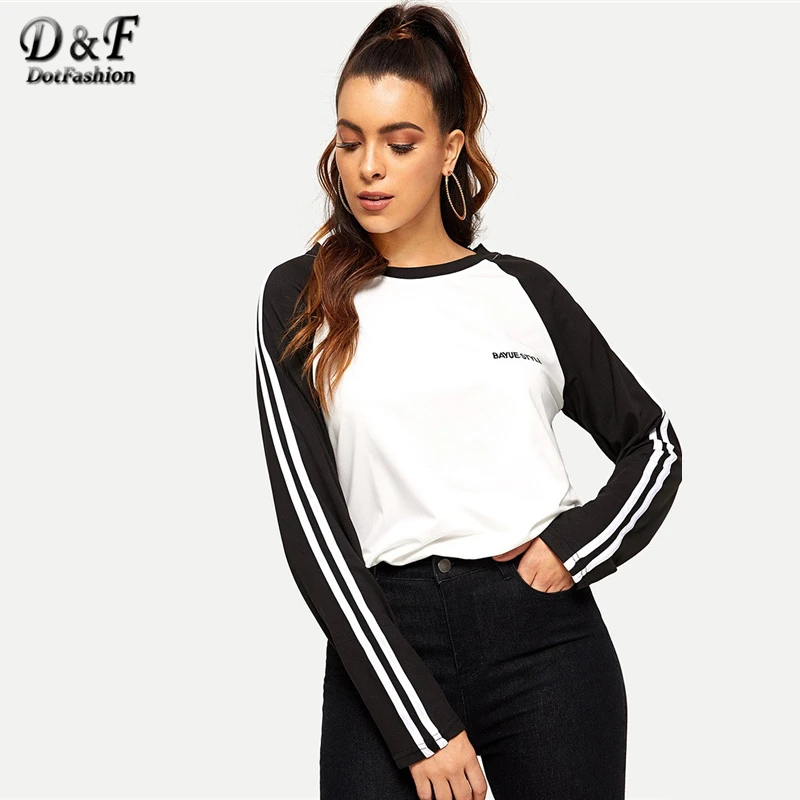 

Dotfashion Letter Embroidered Tape Detail T-Shirt Women Casual Black And White Tops Autumn Top Selling Product In 2019 New Tee