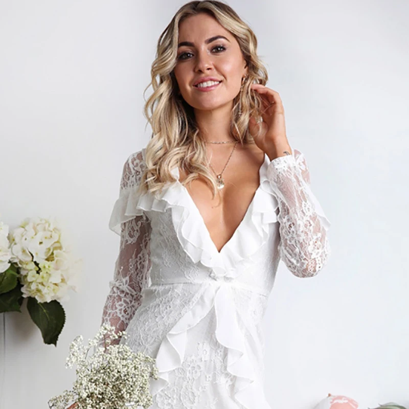New Summer Dress Women Elegant White Deep V-neck Long Sleeve Lace Ruffle Sexy Dress