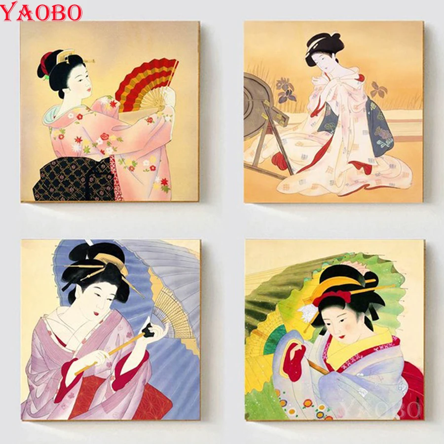 

5D,DIY,Full,Diamond Embroidery Japanese Kimono Woman,Diamond Painting,Cross Stitch,4 pcs,Square Diamond Mosaic,Crafts,Needlework