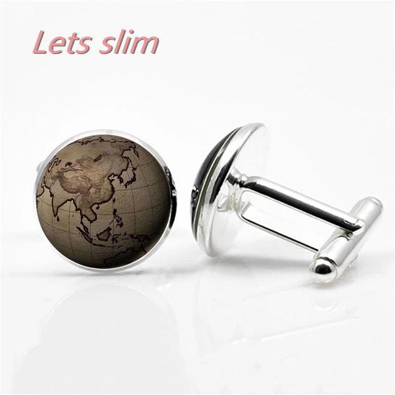 LETS SLIM Earth World Map Seven Oceania Gold Time Glass Cufflinks Globe Map Men's Shirt Charm Globe Cufflinks DIY Photo Custom Fashion Jewelry