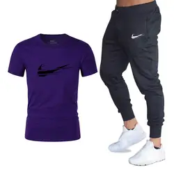 2019 классический вариант брендовая мужская футболка + Штаны Мужской комплект свободного покроя с коротким рукавом печатных Хлопковая