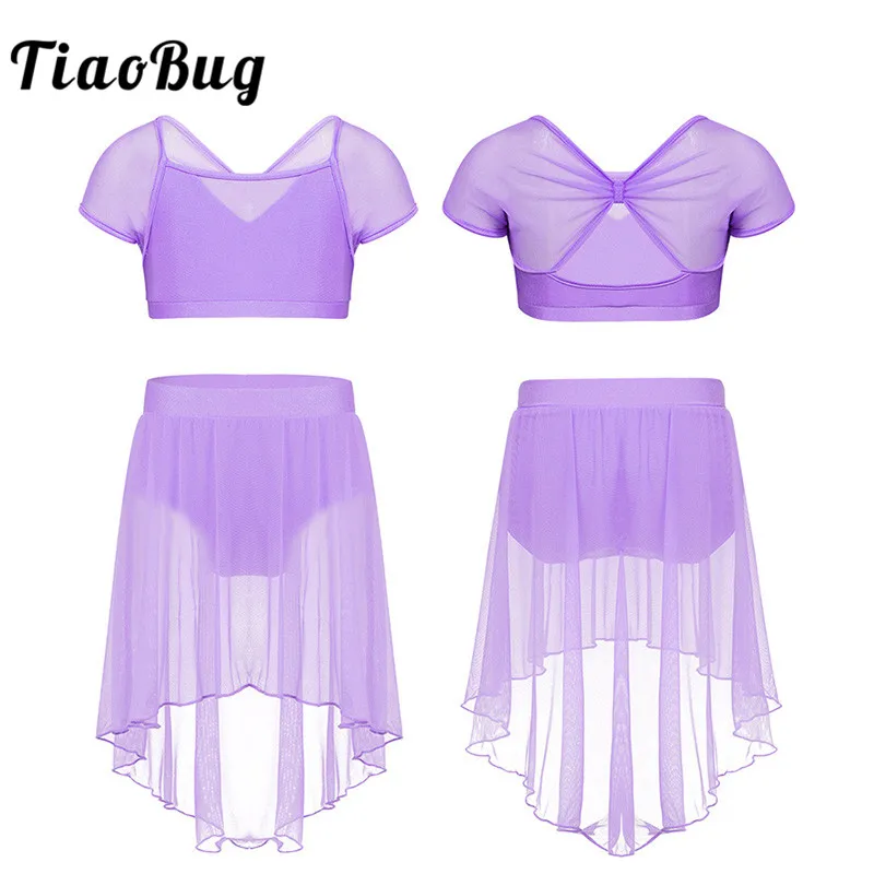 

TiaoBug детский сетчатый сплошной сценический костюм для лирических танцев, комплект для девочек, балетная юбка-пачка, гимнастические шорты с коротким топом, танцевальная одежда