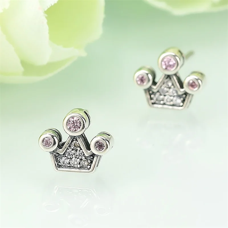 AZIZ BEKKAOUI милые стерлингового серебра 925 розовые кристаллы Королева Корона горный серьги гвоздики для женщин femme Fine Jewelry подарок