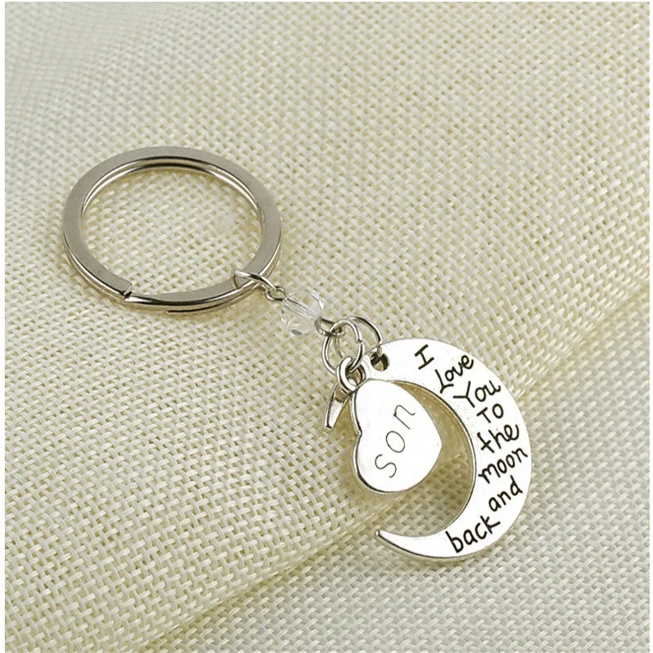 

Fashion Silver Alloy Keychain Engrave Mom I Love You To the Moon and Back Key Ring Moon Heart Shape Key Fob Bag Pendant SP2509