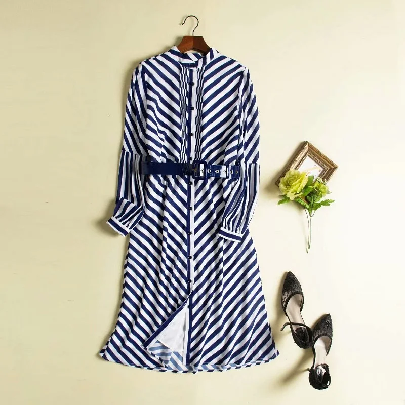 

New Korean Fashion Dress 2019 Spring Summer Ladies Blue Striped Pprint PU Leather Belt Patchwork Long Sleeve Casual Dress Shirt