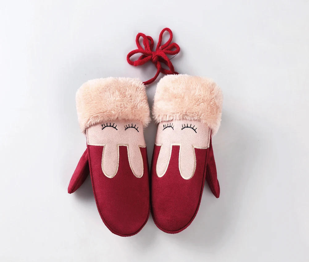 Милая перчатка для мальчиков и девочек, теплые зимние меховые варежки с рисунком кролика, хлопковые перчатки, регулируемые варежки на веревке - Цвет: Красный
