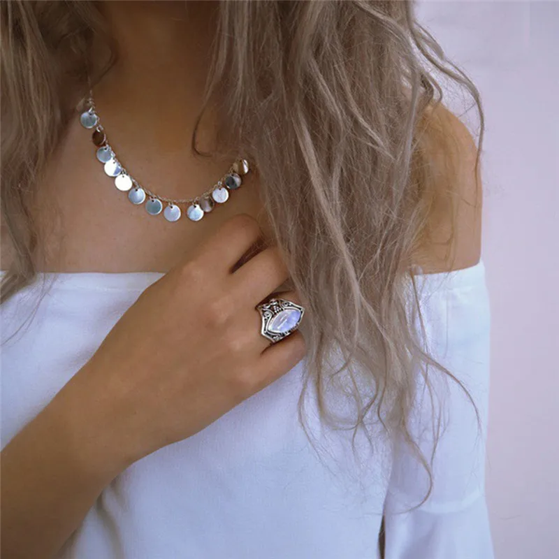 Vintage Tibetan Silver Big Healing Crystal Rings For Women Boho Antique Indian Moonstone Ring Jewelry Girls Ladies Gifts bague 4