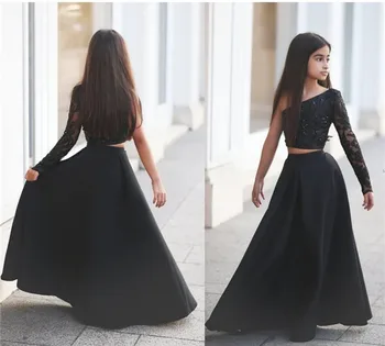 

Black Two Pieces Girls Party Gowns Pageant Dresses for Teens Cute Beaded Lace Applique Sheer Long Sleeve
