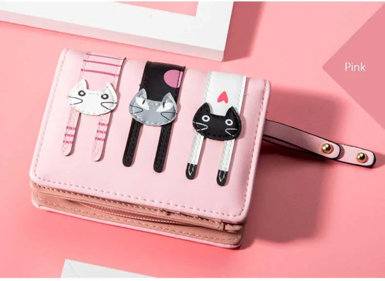 cute female wallets girls purses cat coin purse pu leather short wallet (1)