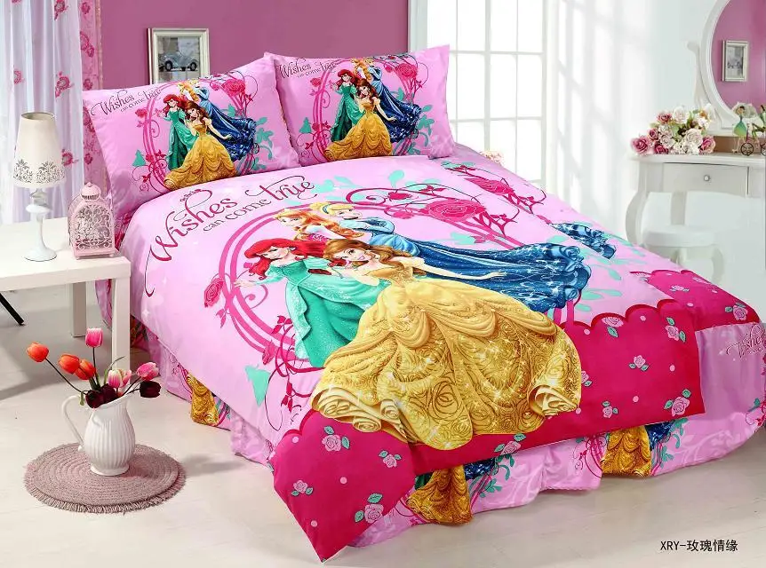 

Deep pink princess printed bedding sets single twin size bedclothes quilt duvet covers sheets childrens Girl's home textile 3pc