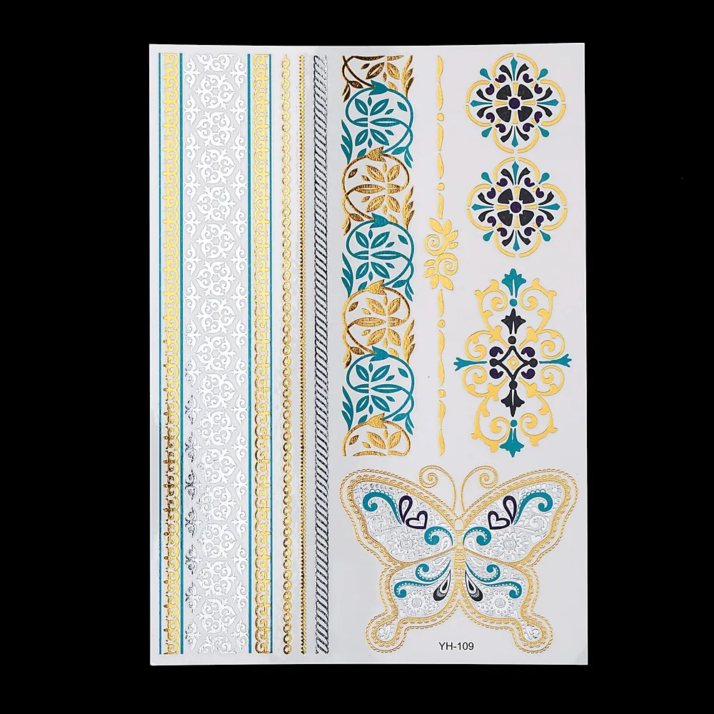 1 Sheet Body Art Decal Flash Tattoo Metallic Gold Silver Temporary YH-109 3D Tribal Butterfly Bracelet Waterproof Tattoo Sticker