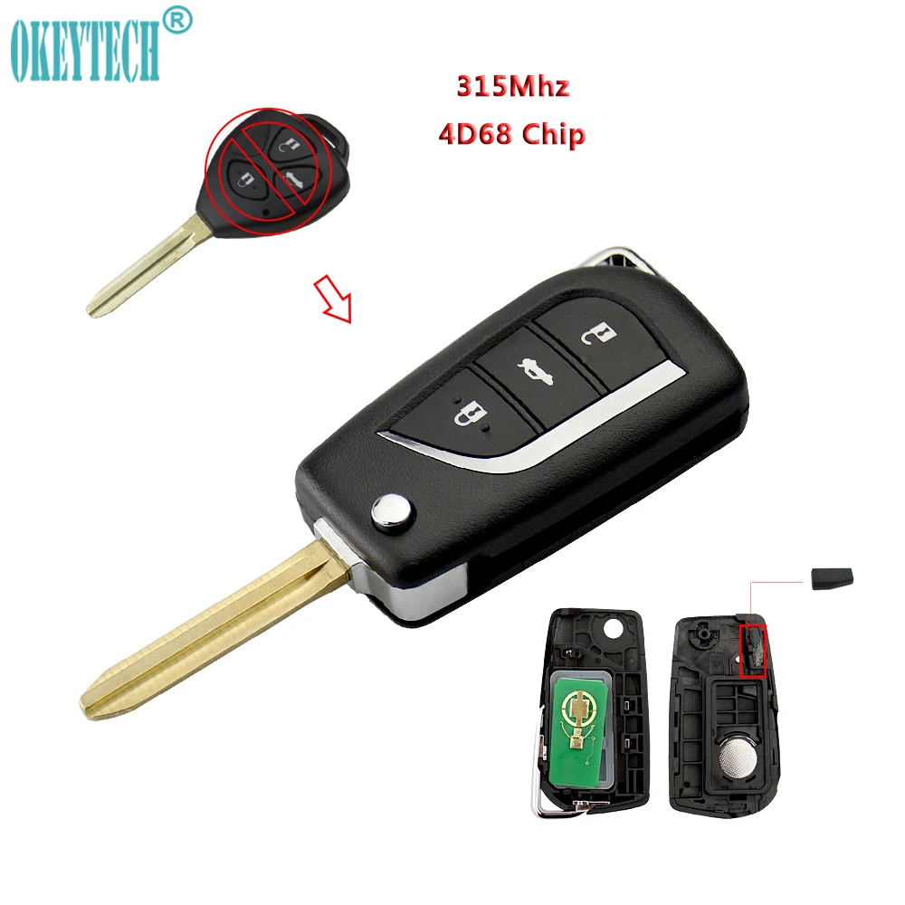 

OkeyTech Good Quality 315MHz With 4D68 Chip 3 Buttons Modified Remote Car Key For Toyota Vios Corolla Remote Key Car Styling