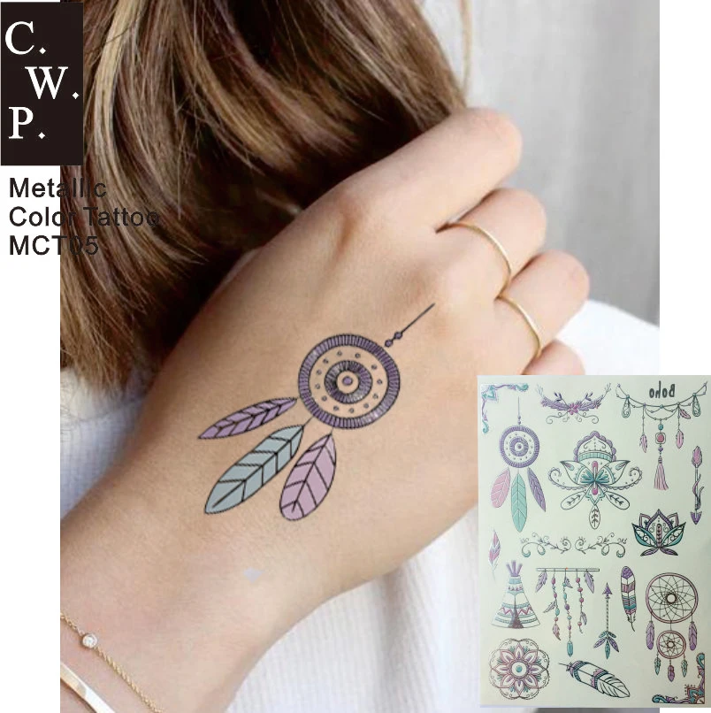 

MCT05 1 piece Boho Colorful Silver Temporary Tattoo with Mandala, Dream Catcher, Head Feather Band Pattern Body Art