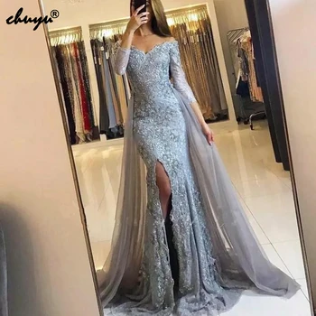 

2019 Silver Muslim Evening Dresses Mermaid 3/4 Sleeves Lace Beaded Slit Islamic Dubai Kaftan Saudi Arabic Long Evening Gown