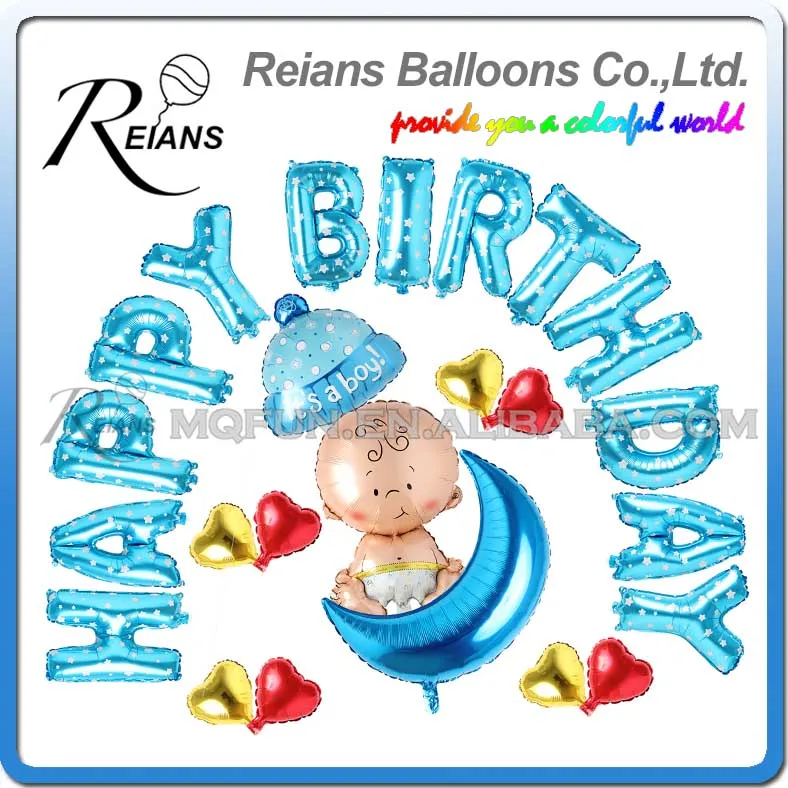 

50 Sets Reians Cartoon BLUE New Born Baby HAPPY BIRTHDAY Party Decoration Letter Number Helium Air Aluminum Foil Balloons Set