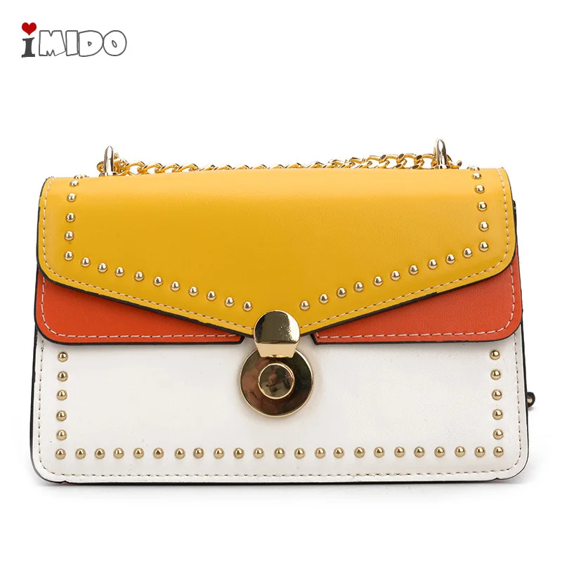 

Women's Candy Color Rivets Panelled Handbags PU Leather Flap Lock Chain Crossbody Bag Girls Spring Fashion Small Messenger Purse