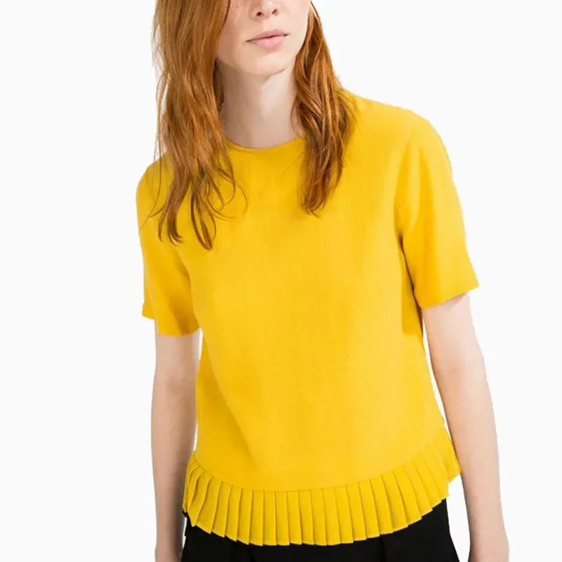 Women's Tops Bright Candy Yellow Keyhole Pleated Blouses Sweet Summer