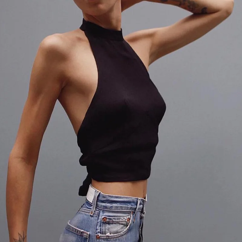 

Women's Top Polyester Navel Exposed Backless Strap Halter Vest Slim Fit Summer Sexy Fashion Top