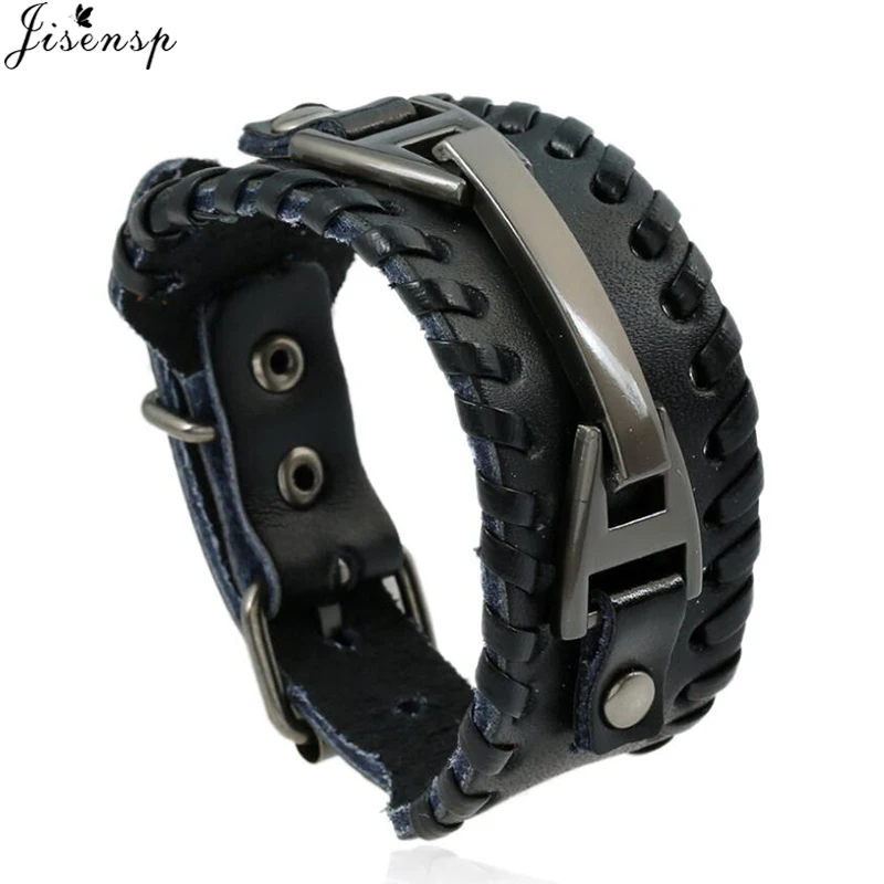 

Jisensp Fashion Men Jewelry Black and Brown Big Wide Cuff Leather Bracelet Adjustable Handmade Vintage Punk Wristband pulsera