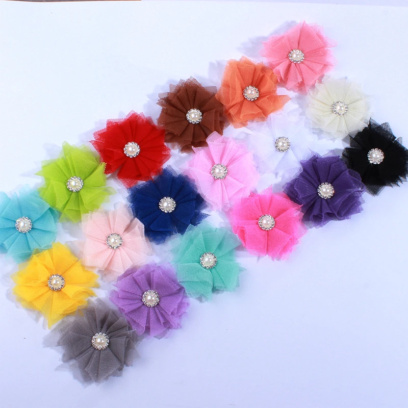 

120PCS 6.5CM Mini Tulle Mesh Chiffon Flowers With Pearls DIY Craft Fabric Flower For Hair Accessories Head Wear
