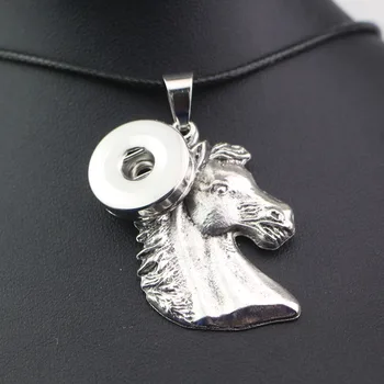 

45cm leather rope chain Big Lovely Silver Horse Pendant Necklace 18mm metal snap button necklace DIY Snap Jewelry Accessories