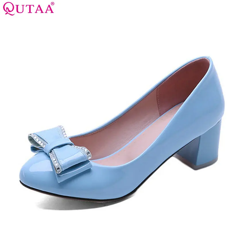 

QUTAA 2018 Fashion Women Pumps Pu Leather Shoes Square High Heel Round Toe Bow Tie Cute Style Ladies Wedding Pumps Size 34-43