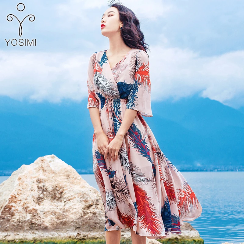 YOSIMI 2019 الصيف البوهيمي شاطئ Vestidos النساء اللباس ميدي الشيفون خمر طباعة منتصف العجل فساتين الخامس الرقبة قصيرة كم تونك