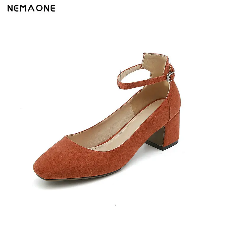 

NEMAONE 2019 New Summer Flock Brand Women Pumps Slip on Comfortable Square Toe High Heel Pink Party Wedding Shoes
