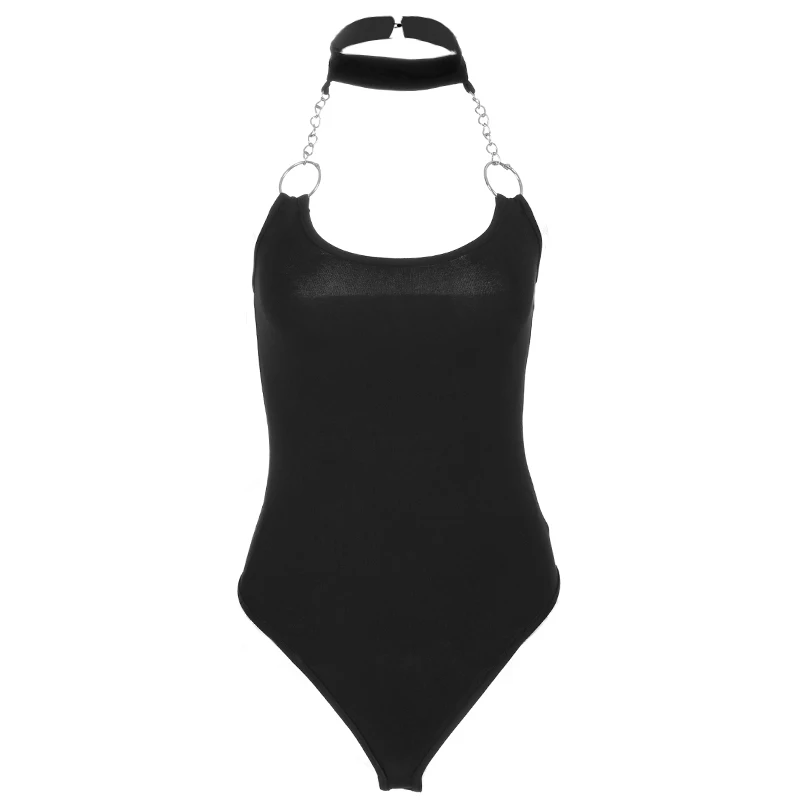 

Women Sexy Black Backless Bodysuit Metal Chain Halter Bodycon Bodysuits 2019 Summer body feminino Romper Jumpsuits