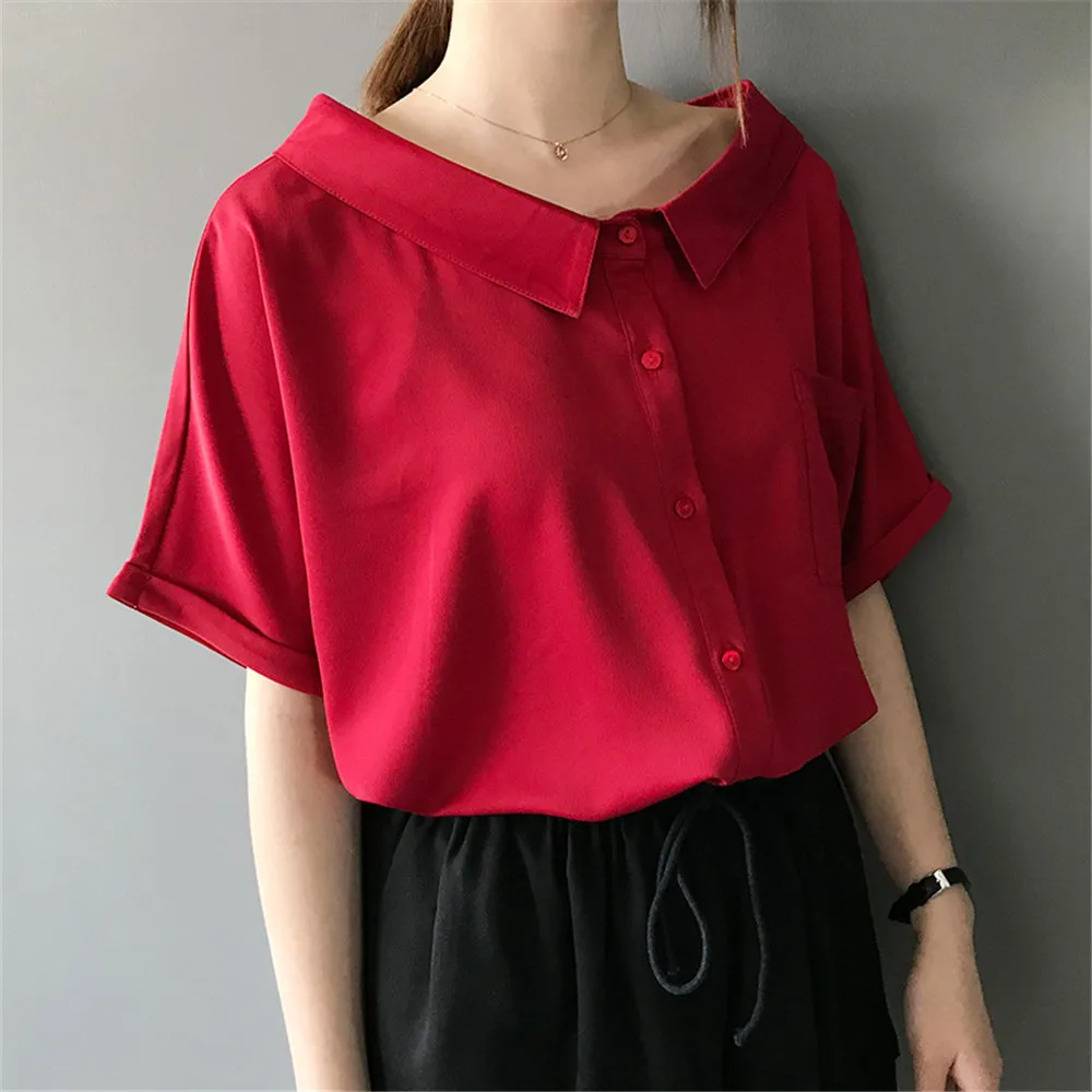 High quality Red Chiffon Wide neck Loose Shirt Office Top 2018 Working Women Blouse Shirt Half Loose Sleeve Summer Elegant top (14)